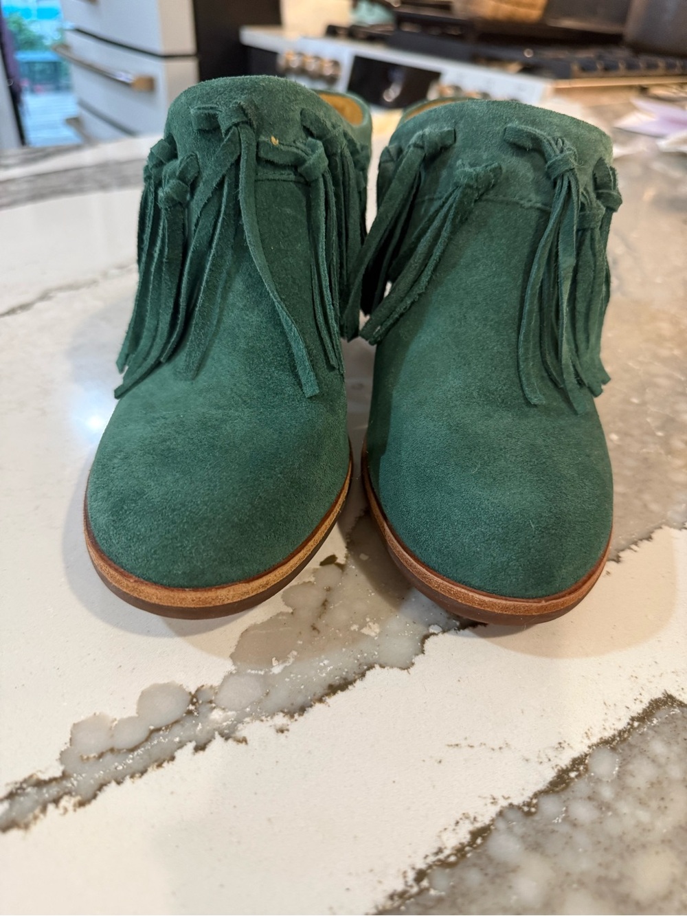 Kork-Ease Green Suede Fringe Mules